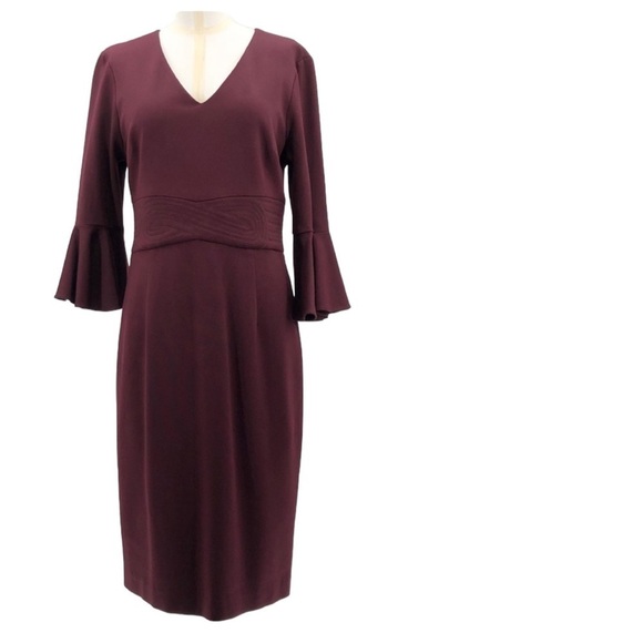 Trina Turk Burgundy Bell Sleeve Sheath Dress Stitched Waistband Detail Size 8 - Picture 1 of 8